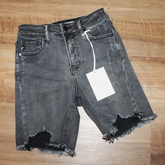 NWT KANCAN Size 1/24 Washed Black Distressed High Rise Denim Stretch Jean Shorts - Picture 1 of 3